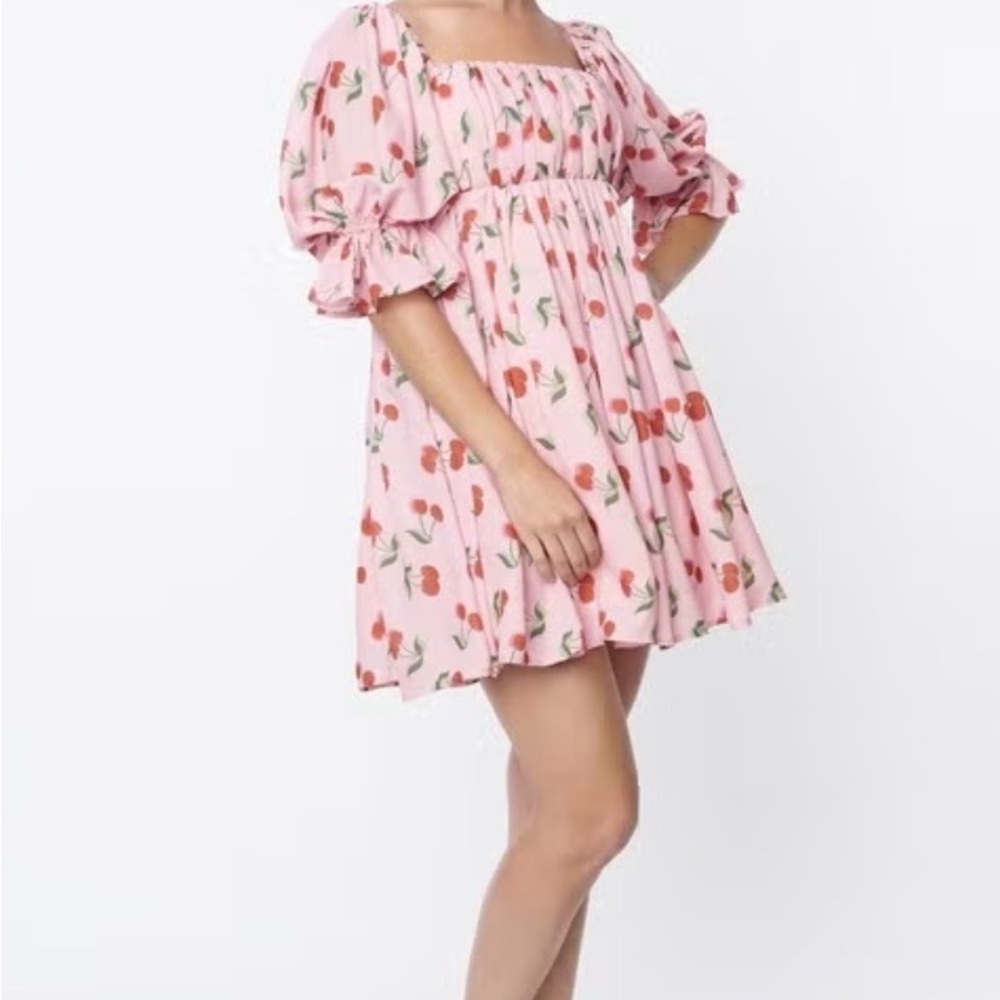 Pink Cherry-Print Smocked Mini Dress